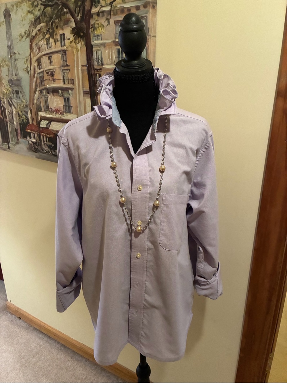 Chaps Refashioned Lavender Button-Down Oxford Shirt with Ruffle Collar Medium